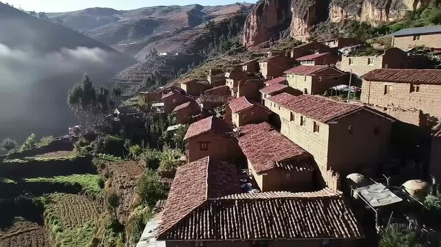 Peaceful Andean Mountain Hamlet with Adobe Houses