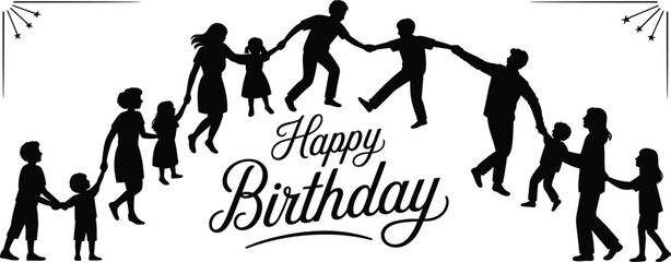 Happy Birthday, silhouette, family, children, celebration, circle, unity, festive, stars, party, greeting, community