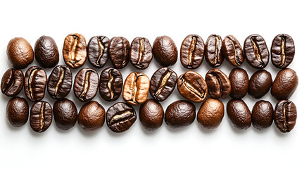 Top-down view of roasted coffee beans neatly arranged in three horizontal rows on a white background.