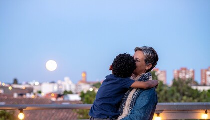 Fototapeta premium A woman tenderly embraces a young boy on a rooftop at dusk, with a full moon and city skyline in the background.