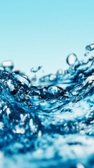 Close-Up of Splashing Water with Bubbles on Blue Background