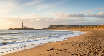 Obraz premium Coastal Serenity: Lighthouse Beacon Illuminating a Tranquil Beach Landscape