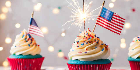 Patriotic cupcakes decorated with american flags and sparklers for fourth of july celebration