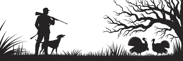 Hunter, dog, turkeys, silhouette, rifle, tree, nature, wildlife, outdoor, forest, tracking, expedition