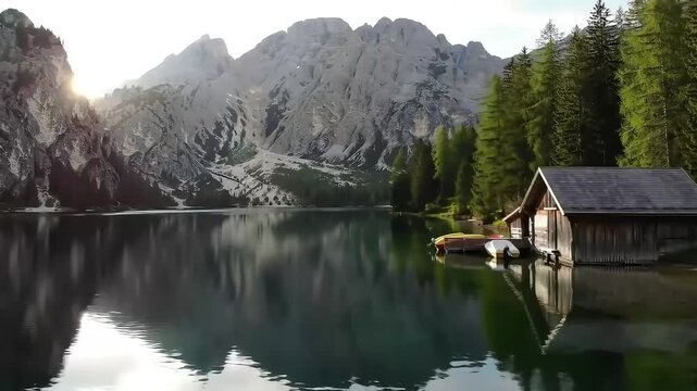 Tranquil Dolomite Lake with Rustic Boathouse and Pine Trees