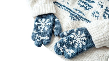 • A cozy winter sweater with snowflakes and mittens, isolated on white background in HD 