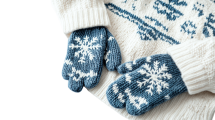 • A cozy winter sweater with snowflakes and mittens, isolated on white background in HD 