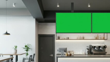 modern cafe interior with green screen menu boards