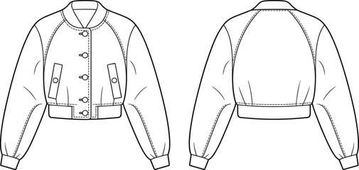 Technical drawing of jacket front and back, collar, button closure, flap pockets, seam lines, cuffs, waistband, fashion sketch, garment design, apparel illustration.