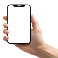 Close up of a human hand holding a modern smartphone with a blank white screen isolated on transparent background