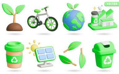 Environment 3D Vector Icon Set: seedling,bicycle,earth,factory,coffee cup,solar cell,leaf,garbage