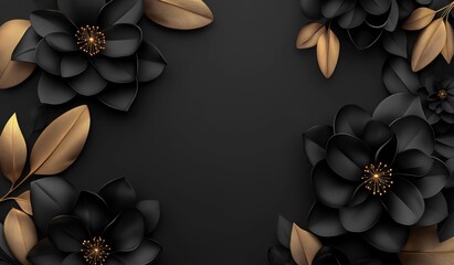 Elegant 3D rendered black floral bouquet with golden leaves on dark background, luxurious botanical vector illustration for banner, poster, or wallpaper design