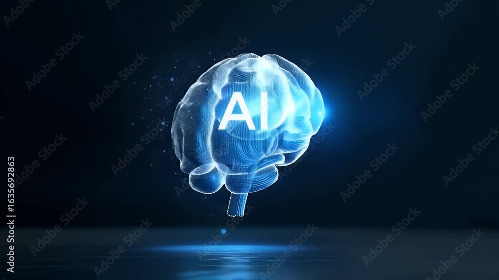 Poster a glowing blue hologram of an ai brain floating above the palm, with ai written in white on top of i