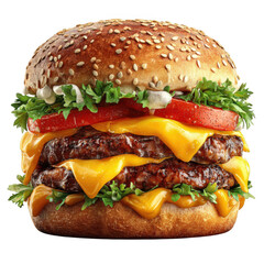  Realistic hamburger with sesame bun, cheese, lettuce and tomato, isolated, white and transparent background