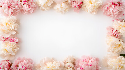 Obraz premium A delicate floral frame of fresh pink and cream peony flowers arranged on a white background.