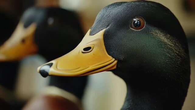 A detailed view of a duck's face with a bright yellow beak, perfect for use in nature or animal-related contexts