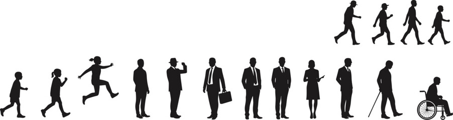 Life, stages, silhouette, human, evolution, growth, aging, wheelchair, walking, running, business, childhood