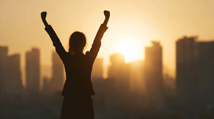 Fototapeta premium Businesswoman celebrating achievement with arms raised in front of skyline.