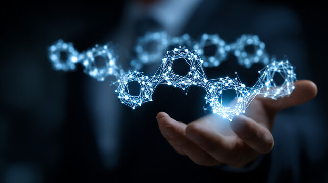 Businessman presenting a blockchain network concept with holographic visuals. - Powered by Adobe