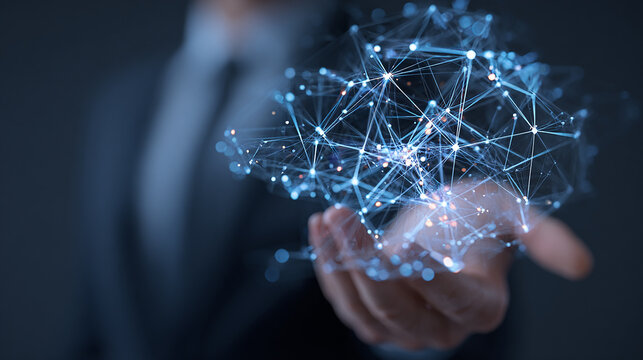 Businessman presenting a blockchain network concept with holographic visuals.