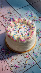 Brightly Frosted Birthday Cake – Colorful Piping, Sprinkles, and Vibrant Bakery Lighting on Clean Tiled Counter