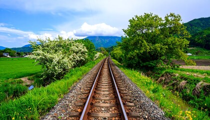 Fototapeta premium Railroad tracks through a rural landscape on a sunny day