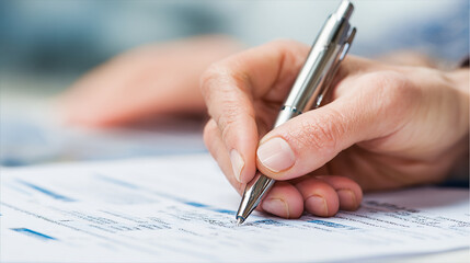 Close-up of signature on invoice with laptop showing currency chart