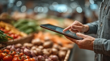 A person using a tablet to browse or shop for fresh produce in a market filled with colorful vegetables and fruits.