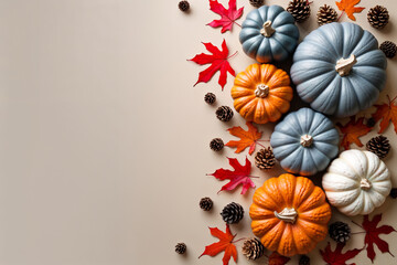 Autumnal gourds and leaves arrangement pumpkins squash