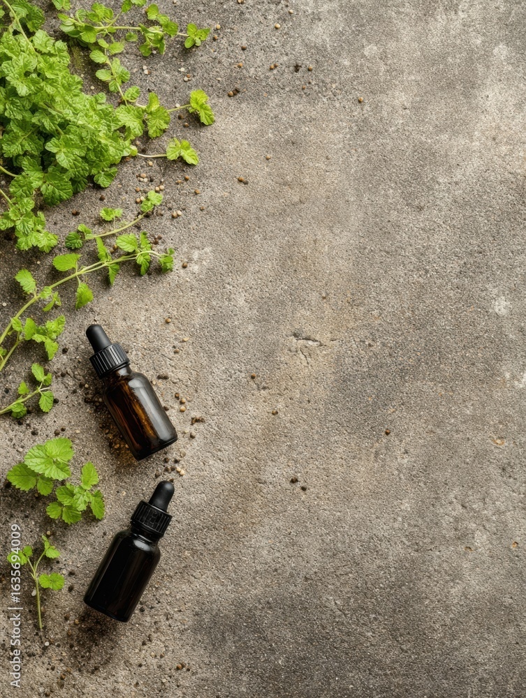 Poster essential oils and fresh herbs arranged on a textured surface in a home setting during daylight