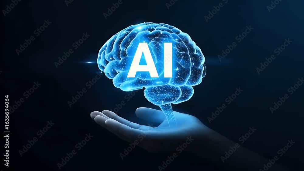 Poster a glowing blue hologram of an ai brain floating above the palm, with ai written in white on top of i