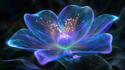A digitally rendered flower with translucent petals and glowing stamen against a dark background