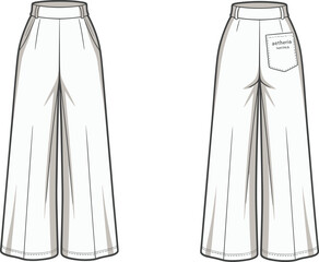 Wide-leg pants flat sketch, high waist trousers vector, fashion flats front back, palazzo pants drawing, technical fashion sketch