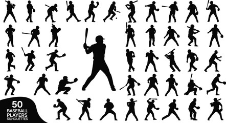 Baseball player silhouettes, action poses vector, batting, pitching, catching, fielding, sports motion study, athlete gesture set, team sport illustration, black figures