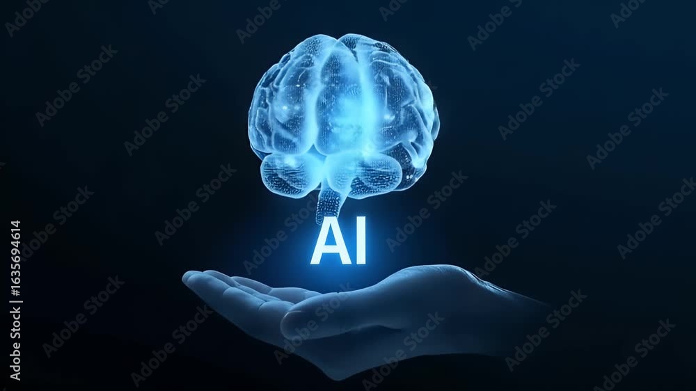 Poster a glowing blue hologram of an ai brain floating above the palm, with ai written in white on top of i