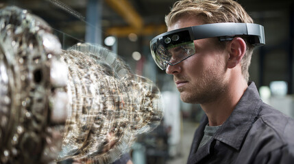 Engineer using augmented reality (AR) glasses to view internal machine structure.