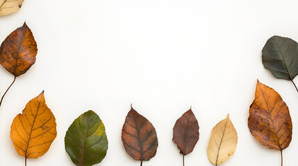 A collection of colorful autumn leaves arranged as a border on a plain white background.
