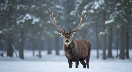 Majestic stag in snowy forest