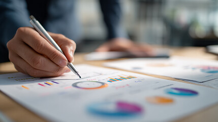Entrepreneur hand signing digital document next to financial dashboard