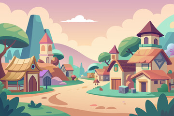 Cartoon Village Background With Pastel Tones