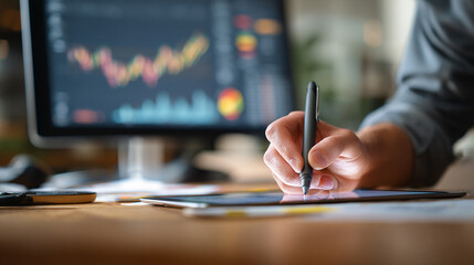 Entrepreneur hand signing digital document next to financial dashboard