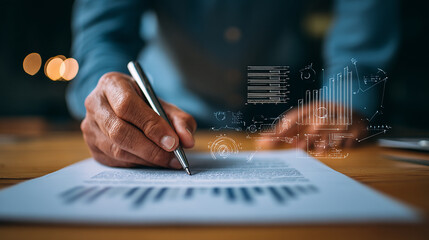 Entrepreneur hand signing digital document next to financial dashboard