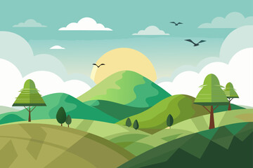 Fototapeta premium Countryside Hill Background With Birds Flying