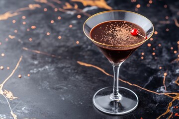 Elegant chocolate cocktail in a martini glass garnished with a cherry, set against a dark marble background with golden veining, showcasing a luxurious drink experience