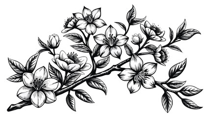 Artistic black and white illustration of cherry blossoms, showcasing their elegant petals and natural beauty..eps