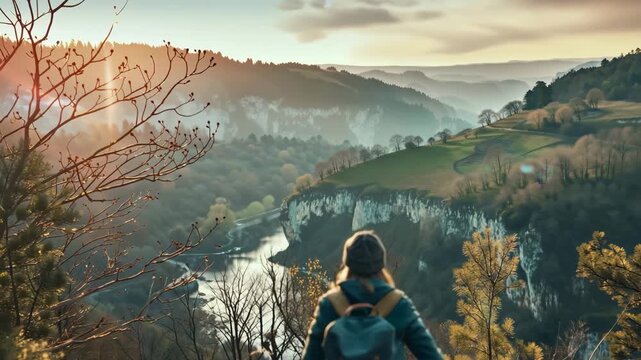 Cinematic slow-motion drone reveal of hiker on cliff edge overlooking golden hour mountain valley and winding river with morning mist &ndash; perfect for World Tourism Day, International Mountain Day