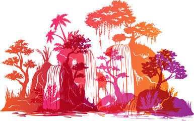 Waterfall colorful silhouette. Hand drawn overlay vector illustration with mountain, flow rive and trees.