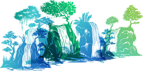 Waterfall colorful silhouette. Hand drawn overlay vector illustration with mountain, flow rive and trees.