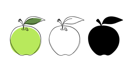 The apple is colored with a leaf. Vector illustration with a line, contour, silhouette, hand-drawn, flat design. A set of different versions of modern fruit graphic elements, icons for decoration