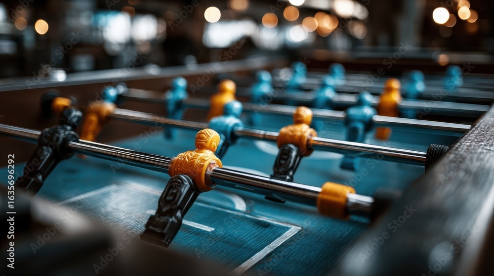 Poster a close-up view of a foosball table featuring colorful player figures, emphasizing the game's playfu
